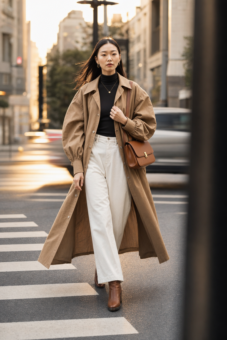 Female model in camel trench coat mid-stride