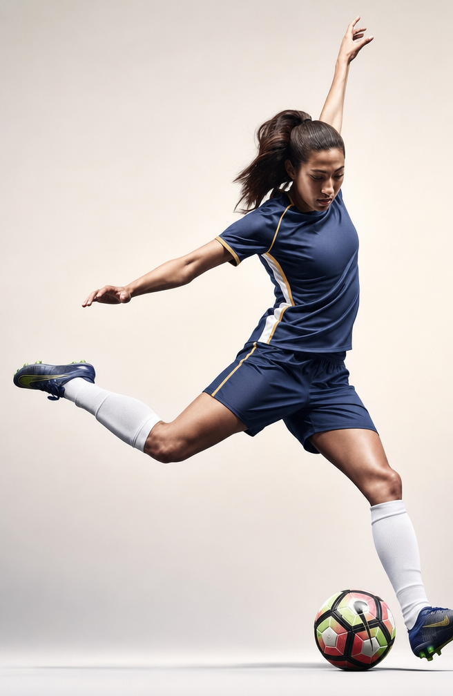 Female soccer player mid-kick in navy uniform