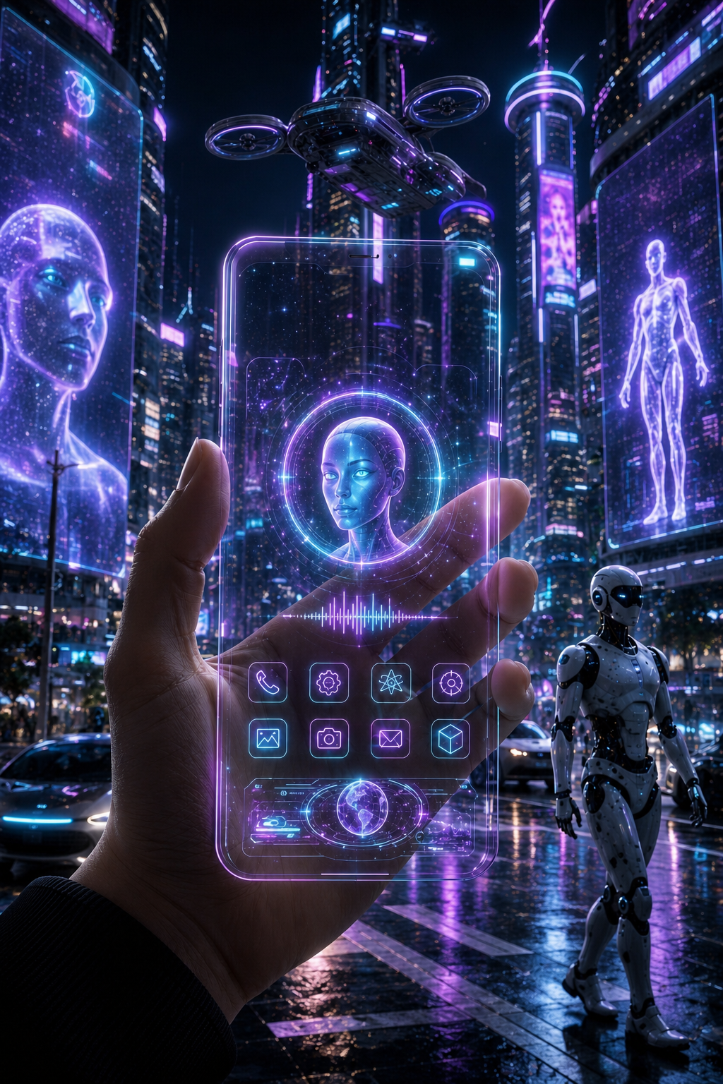 First-person hologram glow in cyberpunk rain