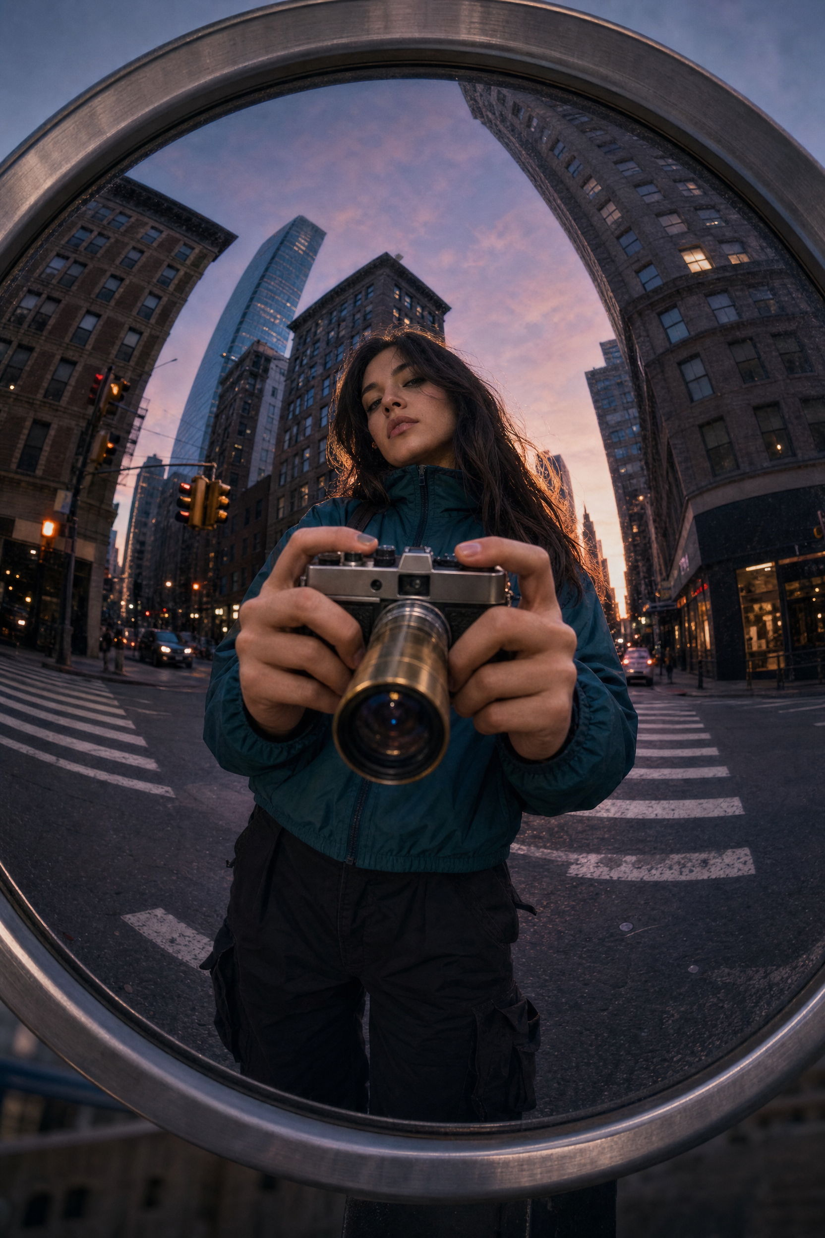 Woman in Teal Jacket Capturing Twilight Reflection
