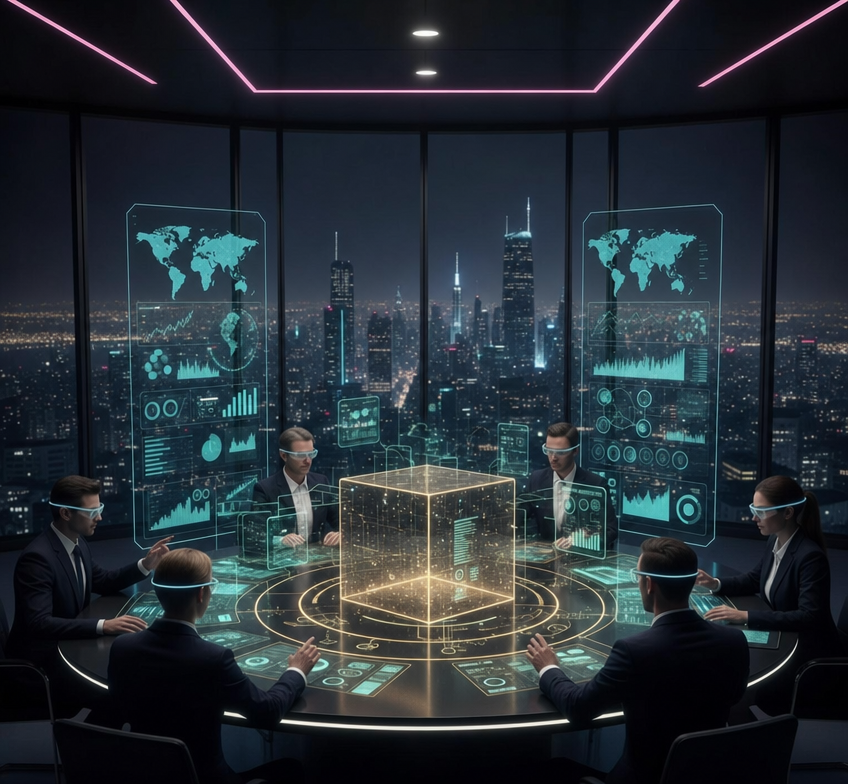 Five Professionals Around Amber Holographic Table at Dusk