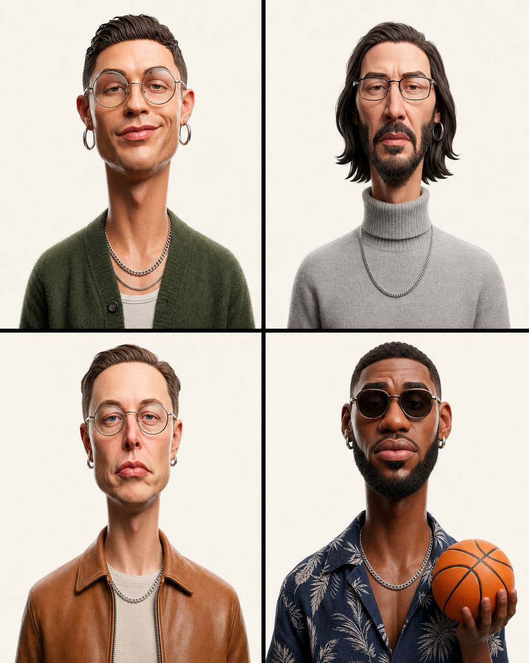 Four Men Busts With Long Necks and Green Cardigan