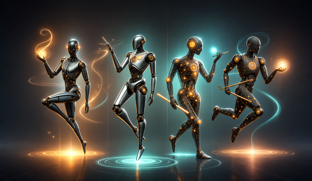 Four Robots Balancing With Amber Glowing Circuits