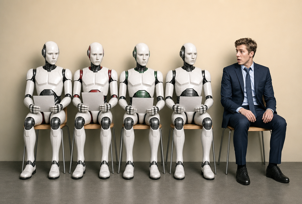Four Robots on Bench Beside Navy-Suited Man