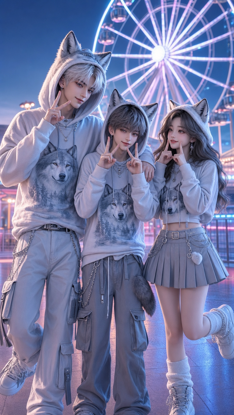 Three Friends in Matching Wolf Outfits by Ferris Wheel