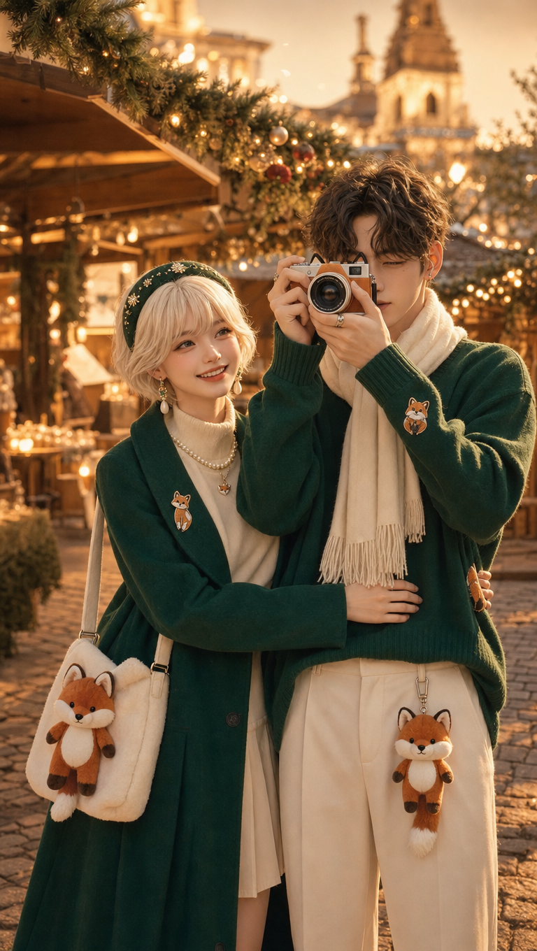 Couple in Emerald Fox Outfits at Winter Market
