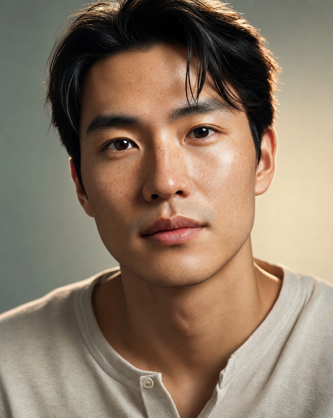 Freckled man in oatmeal henley, sage gradient