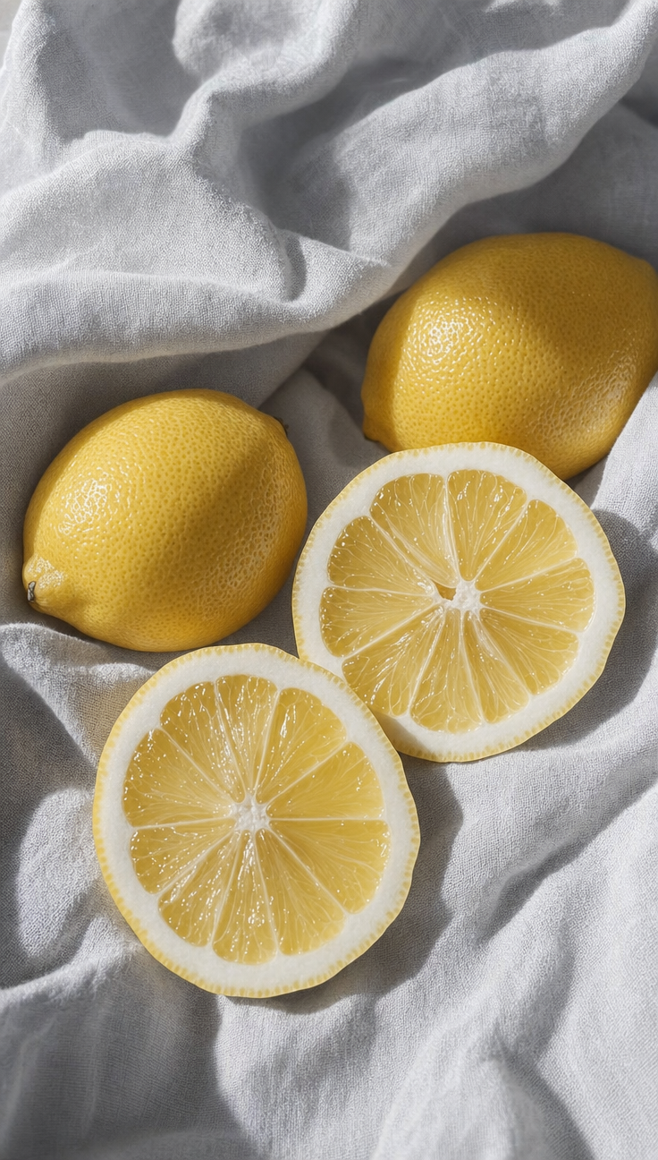 Fresh Lemons on Light Gray Linen, Soft Morning Light