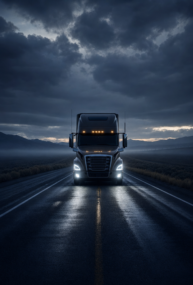 Front Semi Truck with Cool Headlights at Dusk