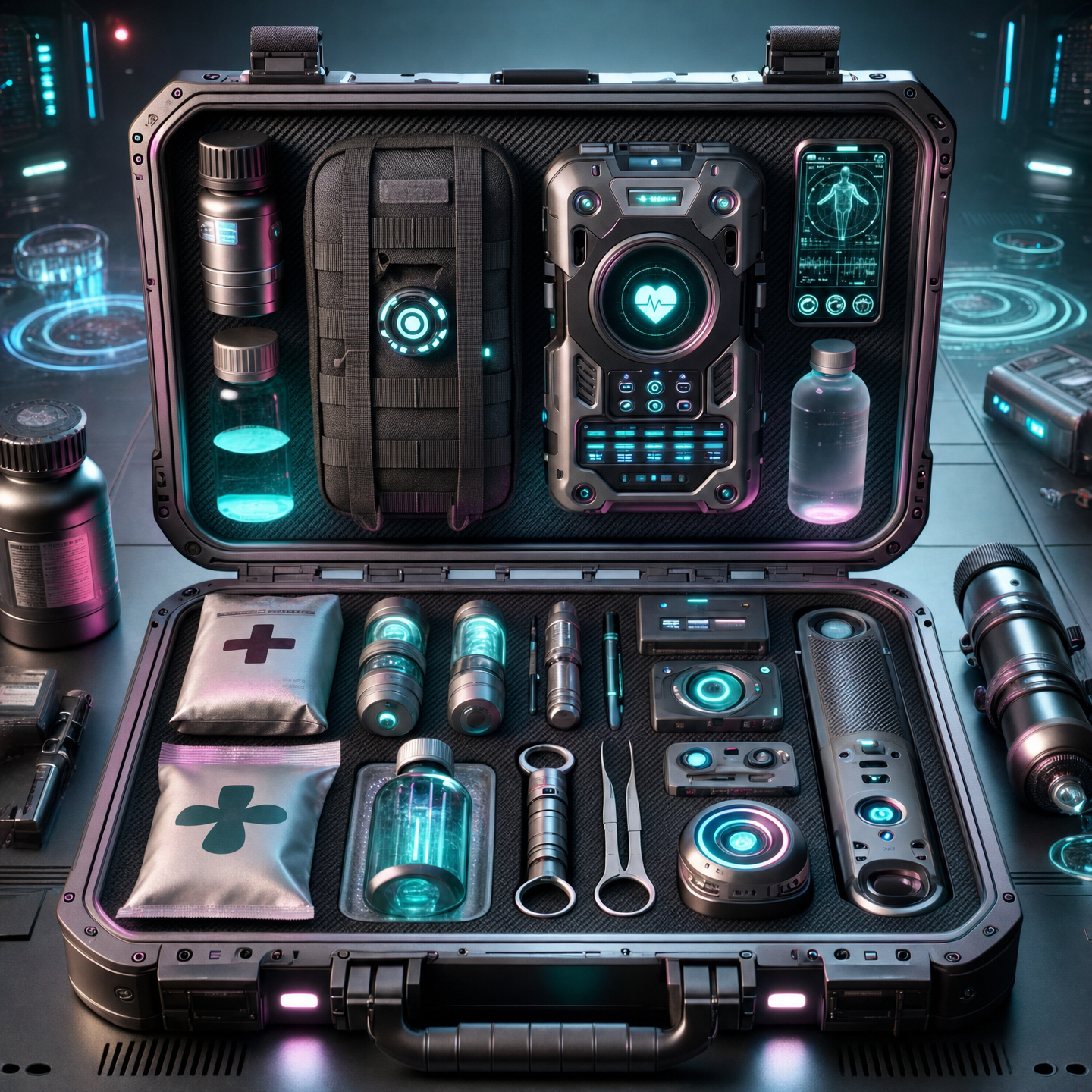 Futuristic first aid kit case with magenta teal glow