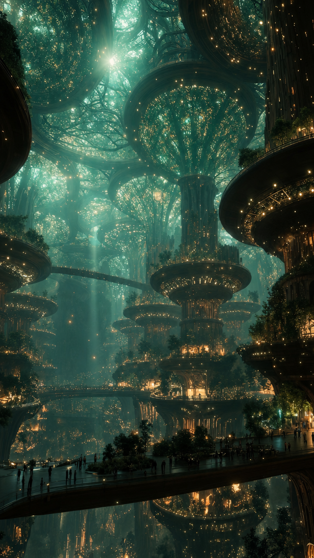 Futuristic Forest City with Teal Glow Skybridges