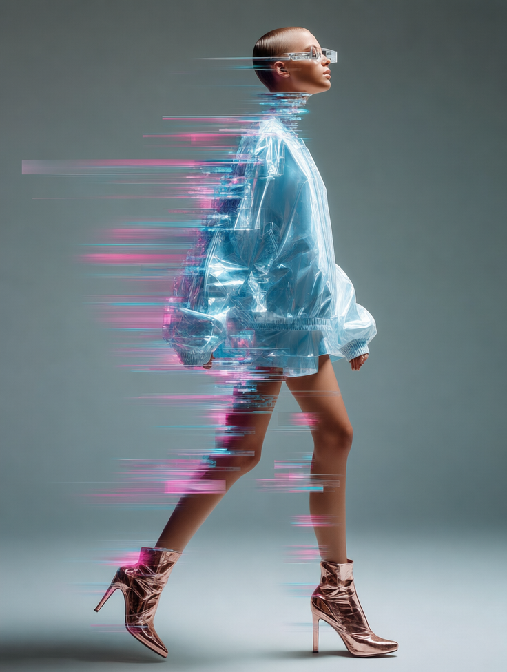 Futuristic model in icy-blue translucent jacket