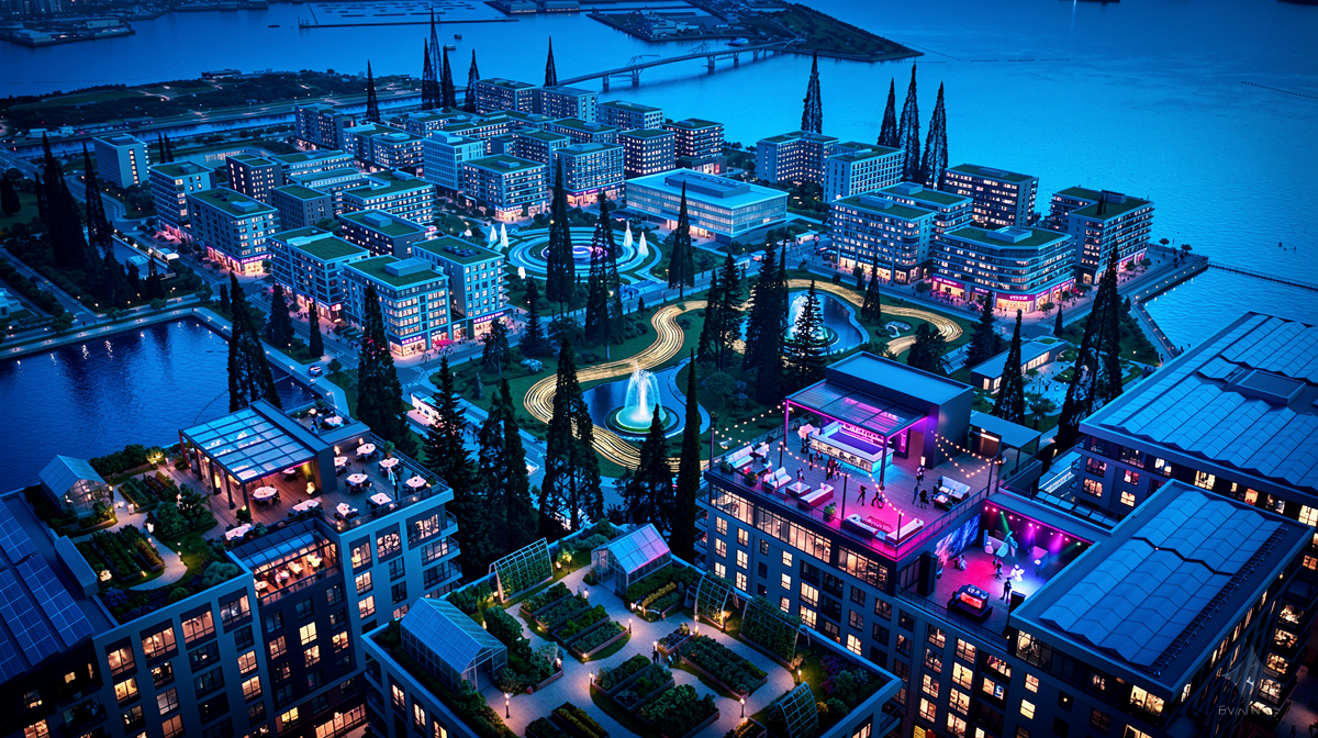 Futuristic waterfront district at blue hour
