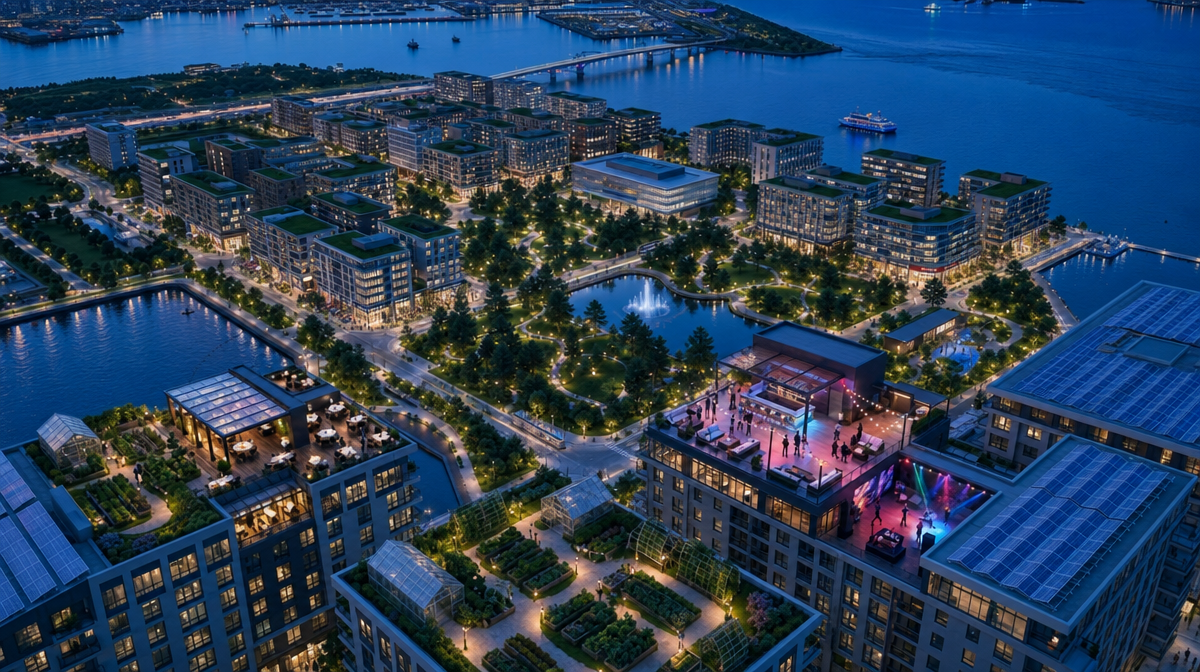Futuristic waterfront district at blue hour