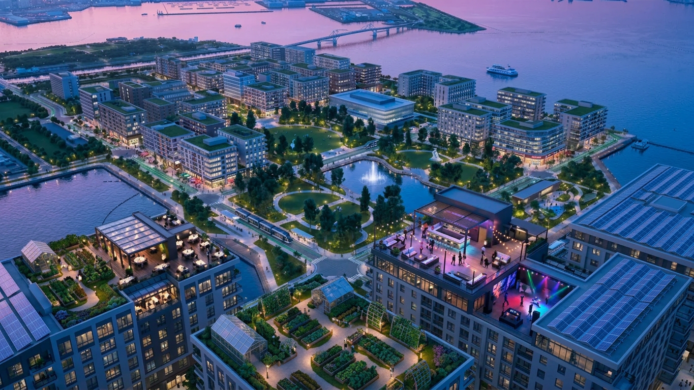Futuristic waterfront district at blue hour