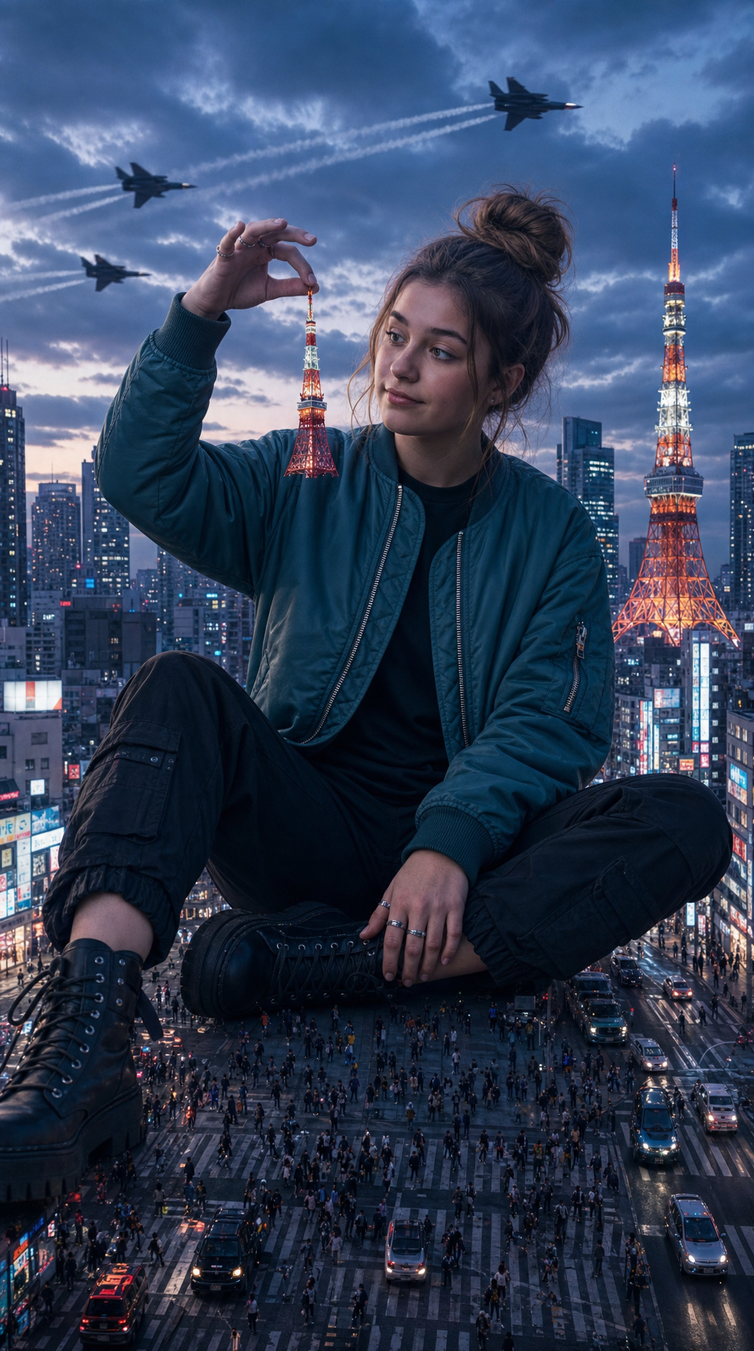 Giant Girl Holding Tokyo Tower at Dusk
