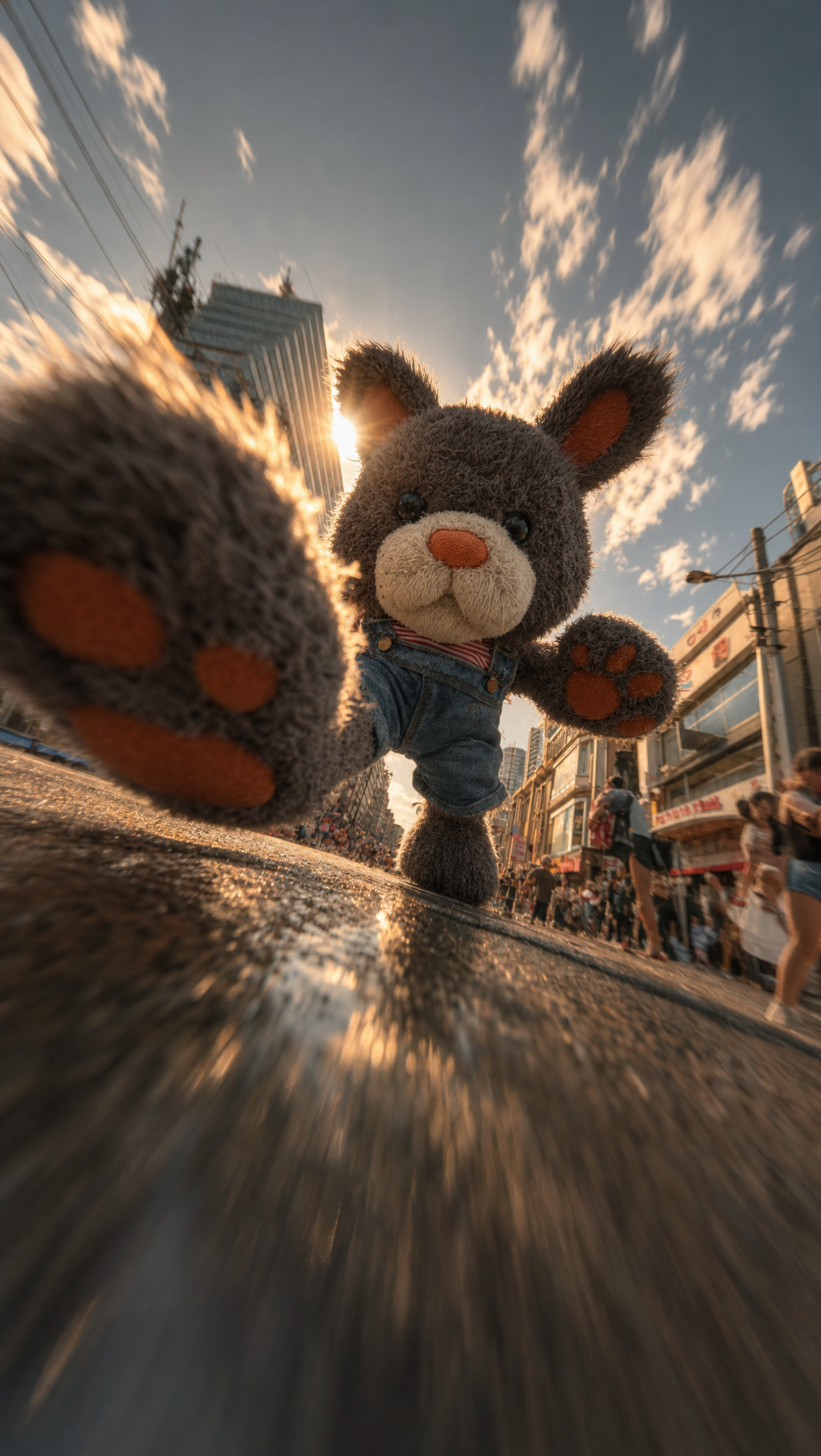 Giant teddy bear strides toward you