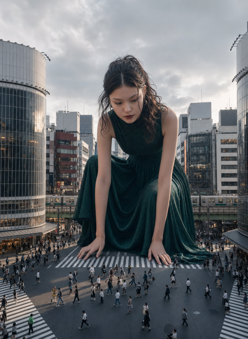 Giant Woman Overcrowds a Crosswalk