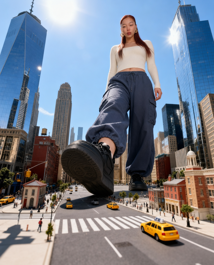 Giant woman towers over bright intersection