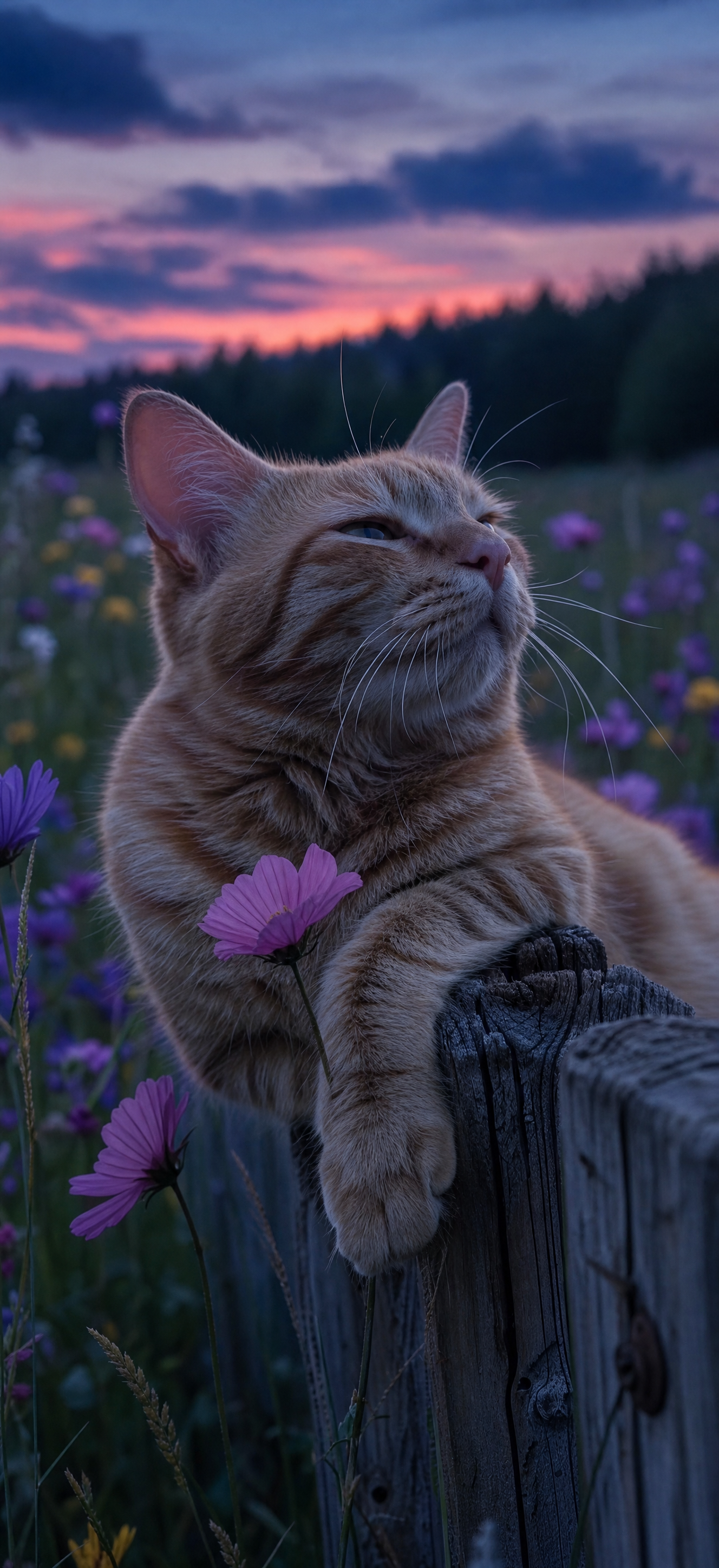 Ginger tabby cat on fence at blue hour dusk — gpt-image-2