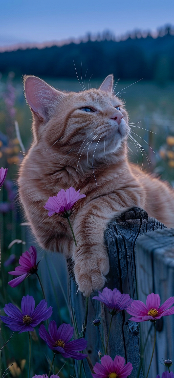 Ginger tabby cat on fence at blue hour dusk