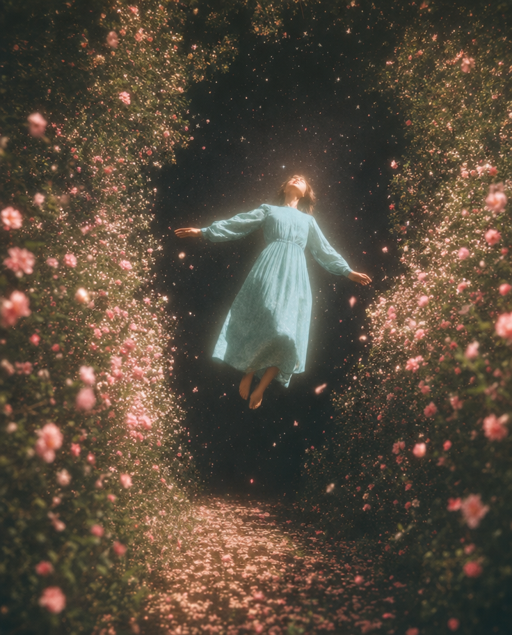 Girl in vintage teal dress floating through pink flowers