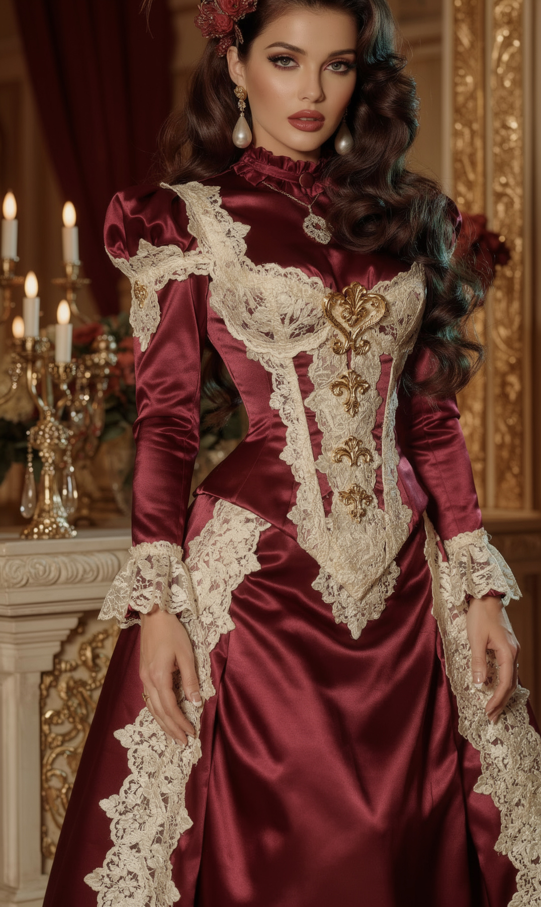 Glamorous Woman in Burgundy Corset, Pearl Earrings