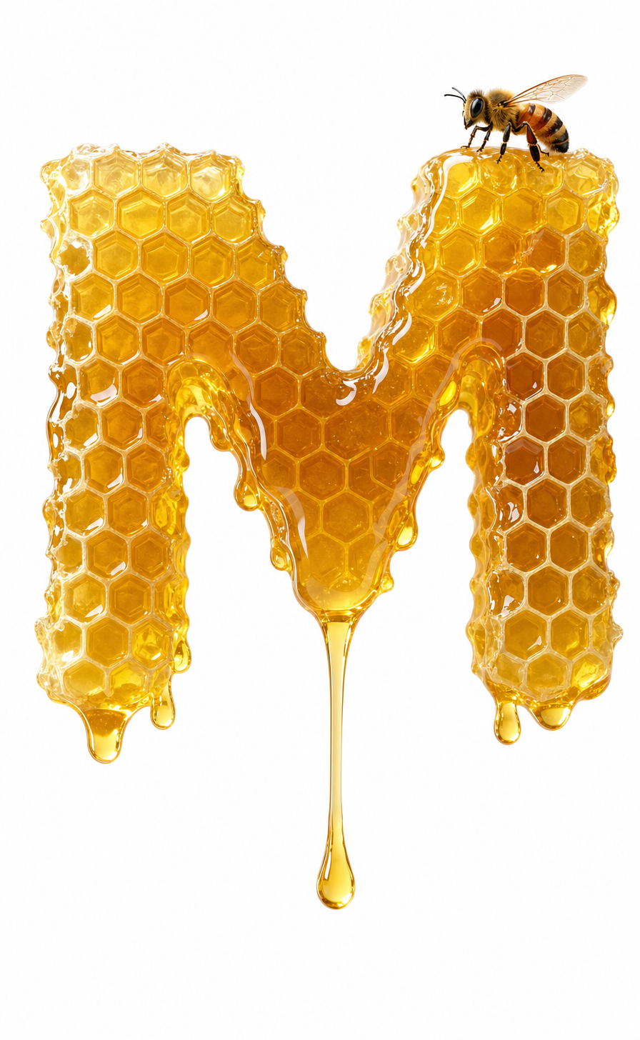 Glossy honeycomb letter M with bee