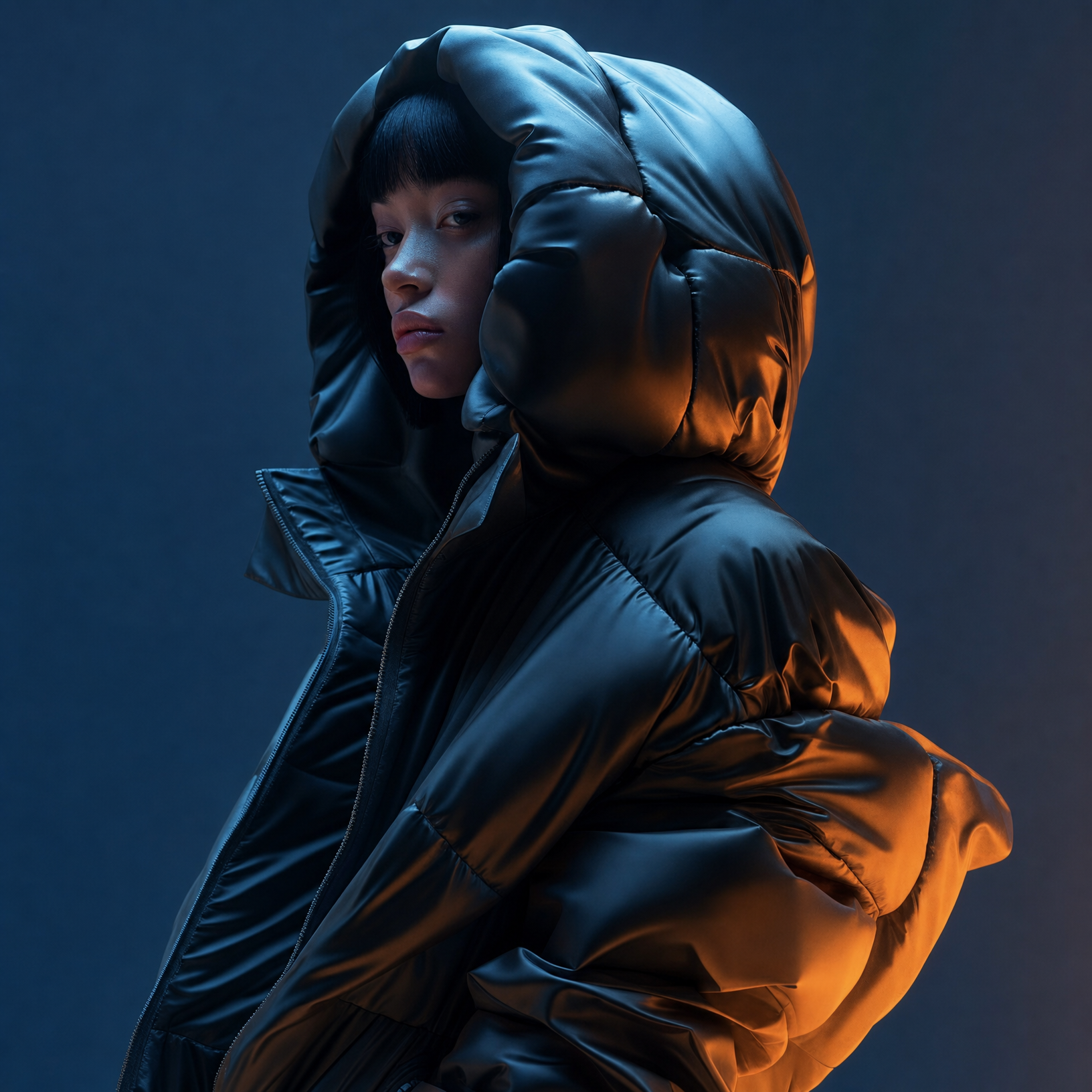 Glossy puffer in blue studio light
