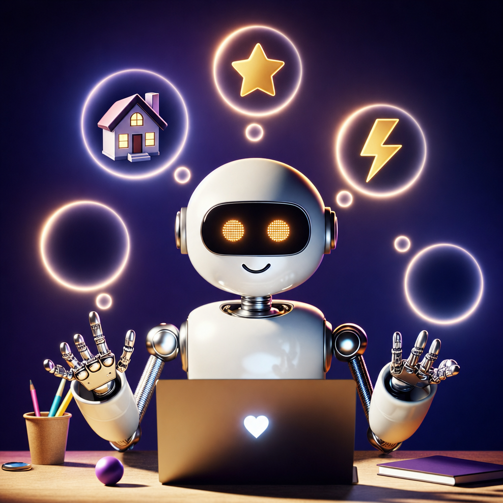 Glossy robot with amber eyes and home icons