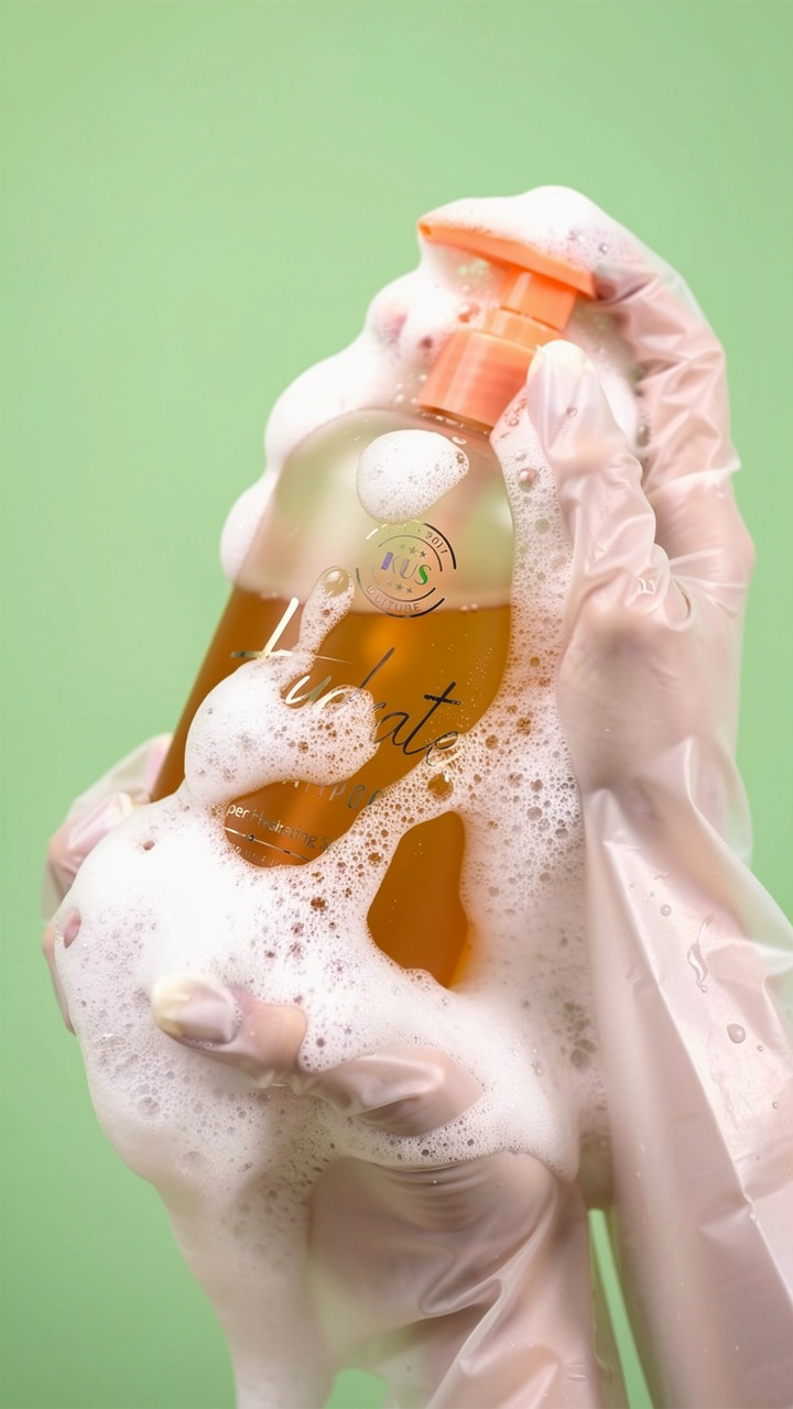 Gloved Hands Holding Foamy Shampoo — flux-2-pro