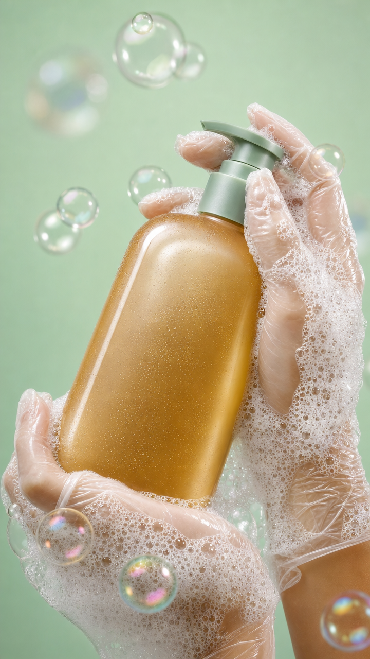 Gloved Hands Holding Foamy Shampoo