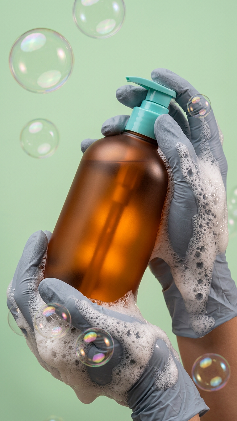 Gloved Hands Holding Foamy Shampoo — nano-banana-2