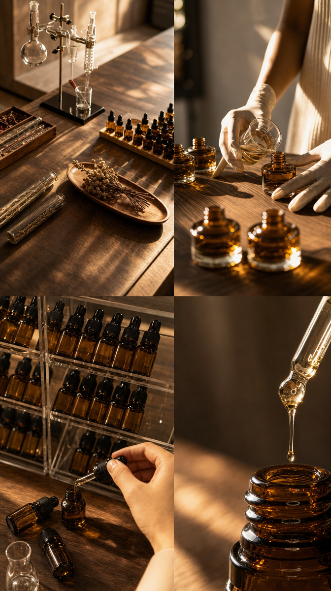 Gloved Hands Pouring Golden Liquid Into Amber Jars