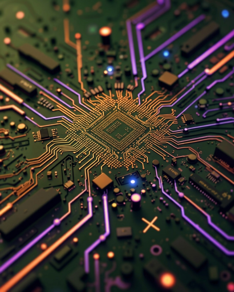 Glowing Circuit Board with Amber and Violet Traces