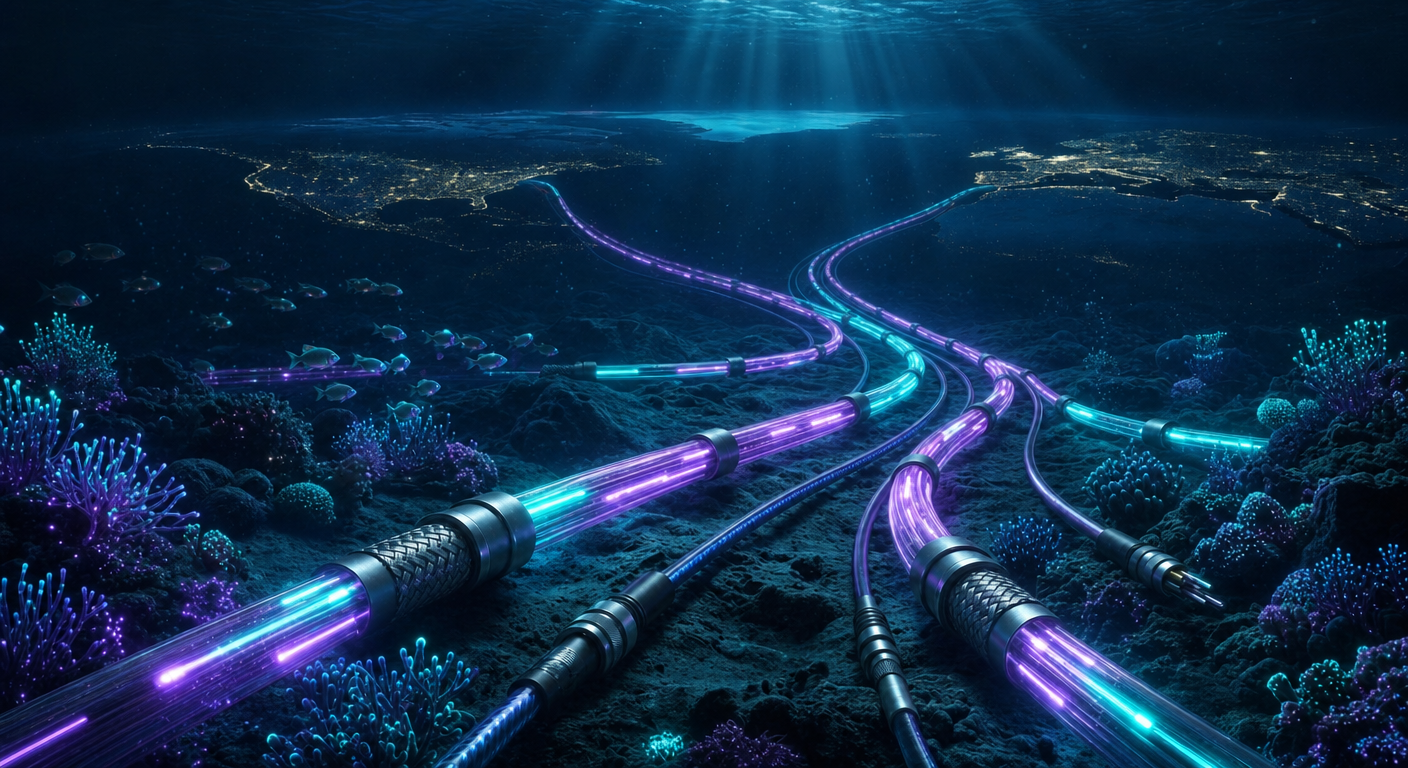 Glowing Fiber-Optic Cables With Purple Data Lines