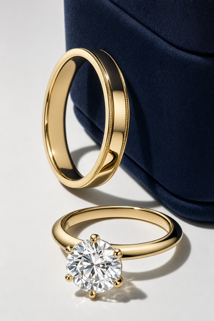 Gold bands and solitaire diamond with navy pouch