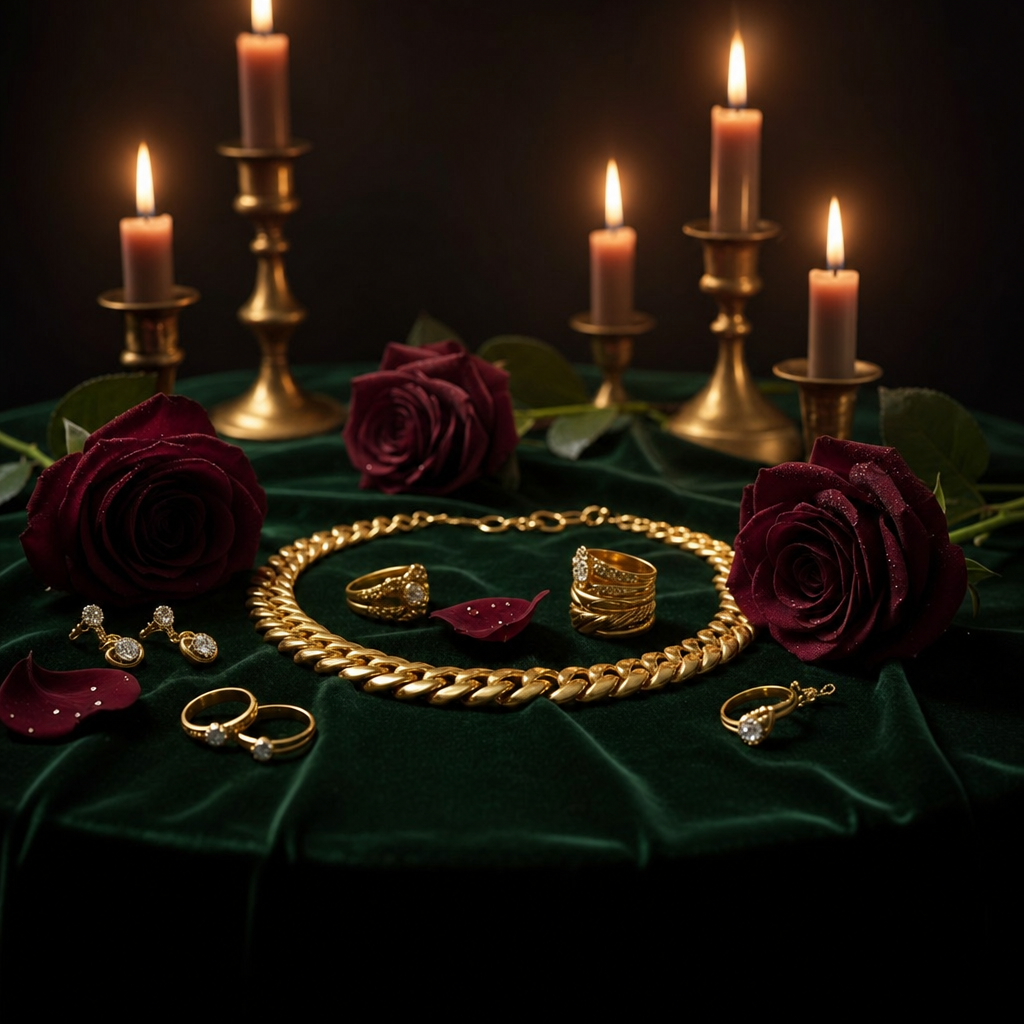 Gold Jewelry on Emerald Velvet Glow