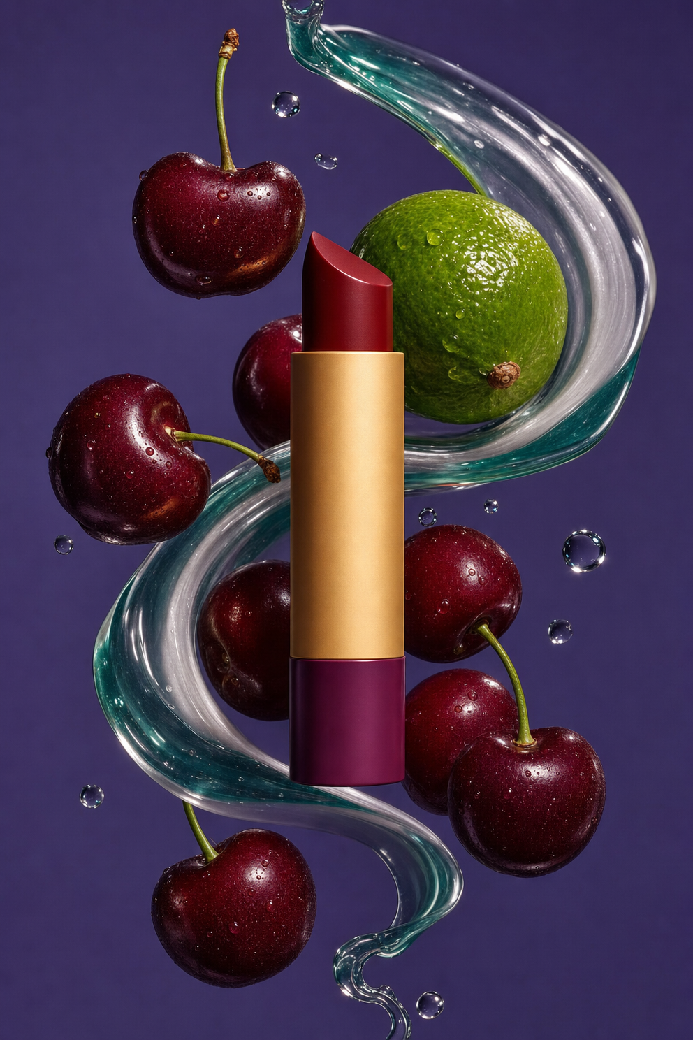 Gold Lipsticks With Deep Red Tips and Lime Cherries