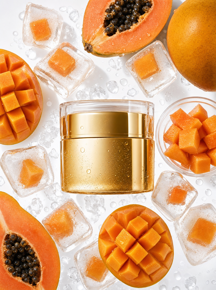 Gold skincare jar with papaya freshness
