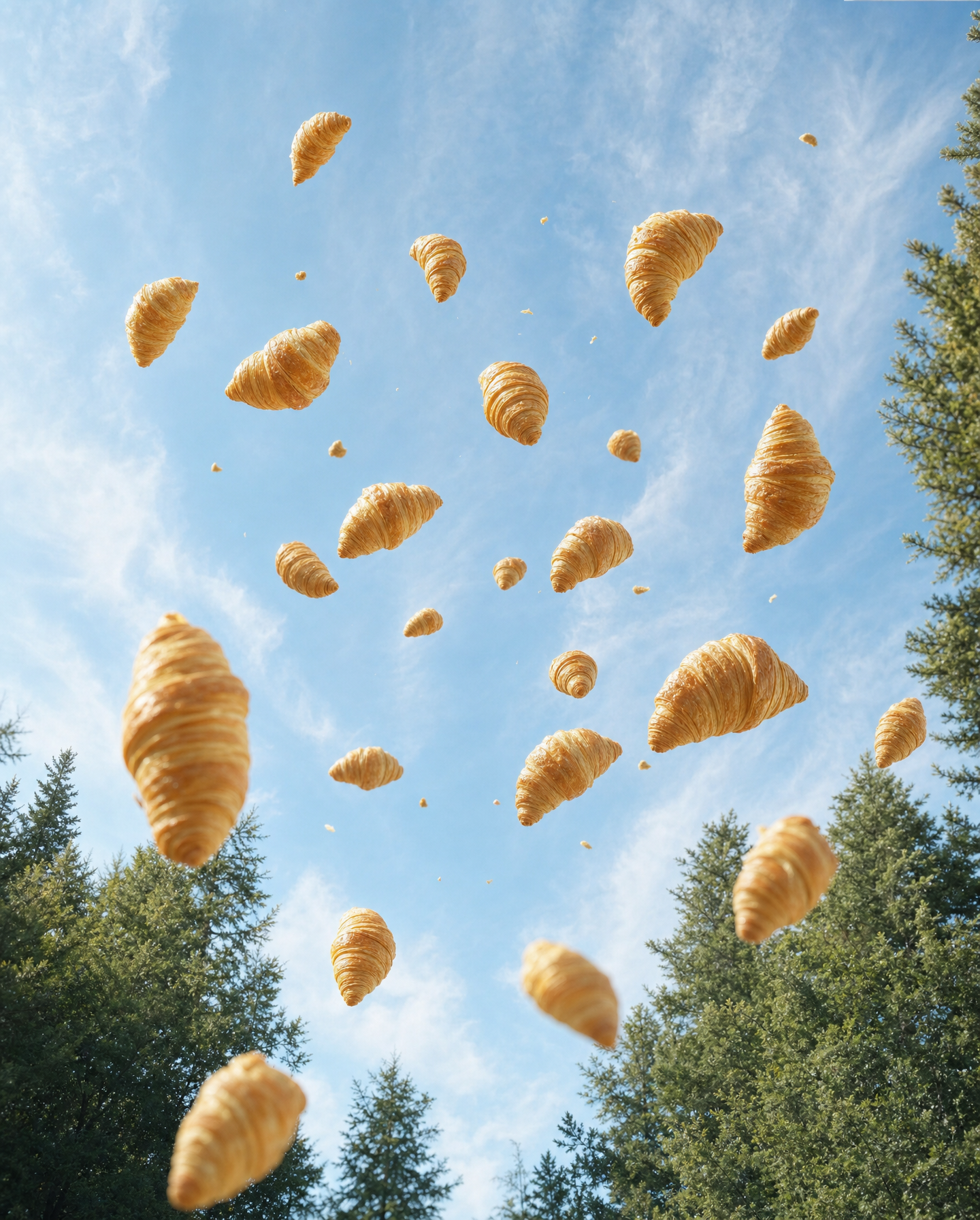 Golden Brown Croissants Floating Above Pine Treetops