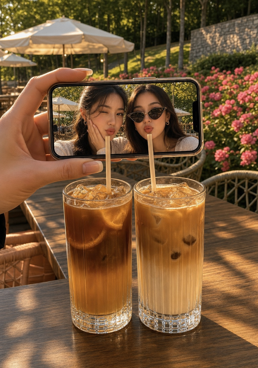 Golden-hour café selfie with iced coffee