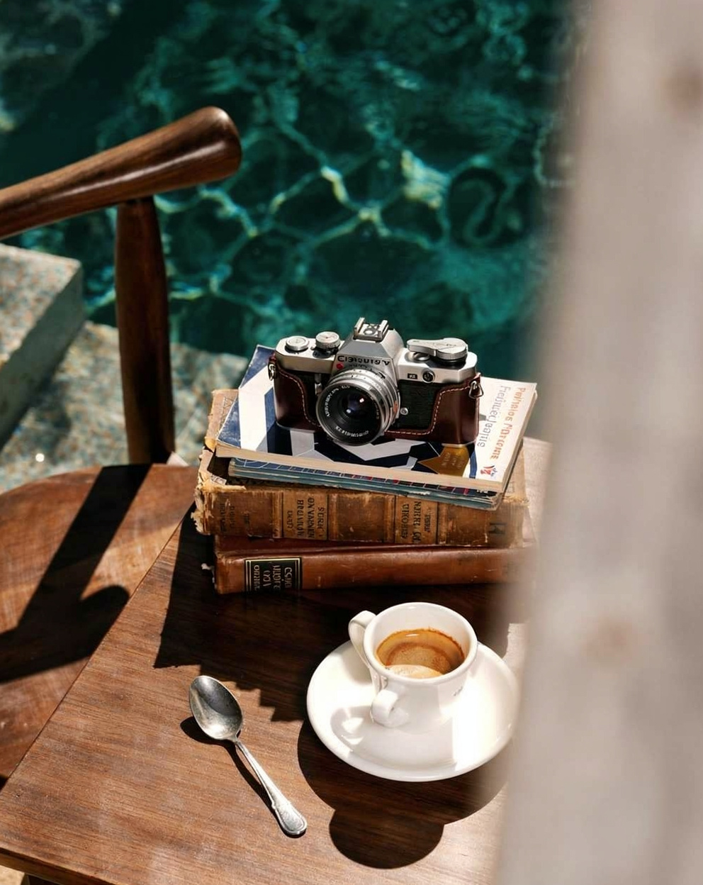 Golden-hour coffee and vintage camera