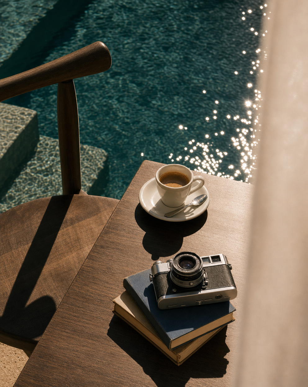 Golden-hour coffee and vintage camera