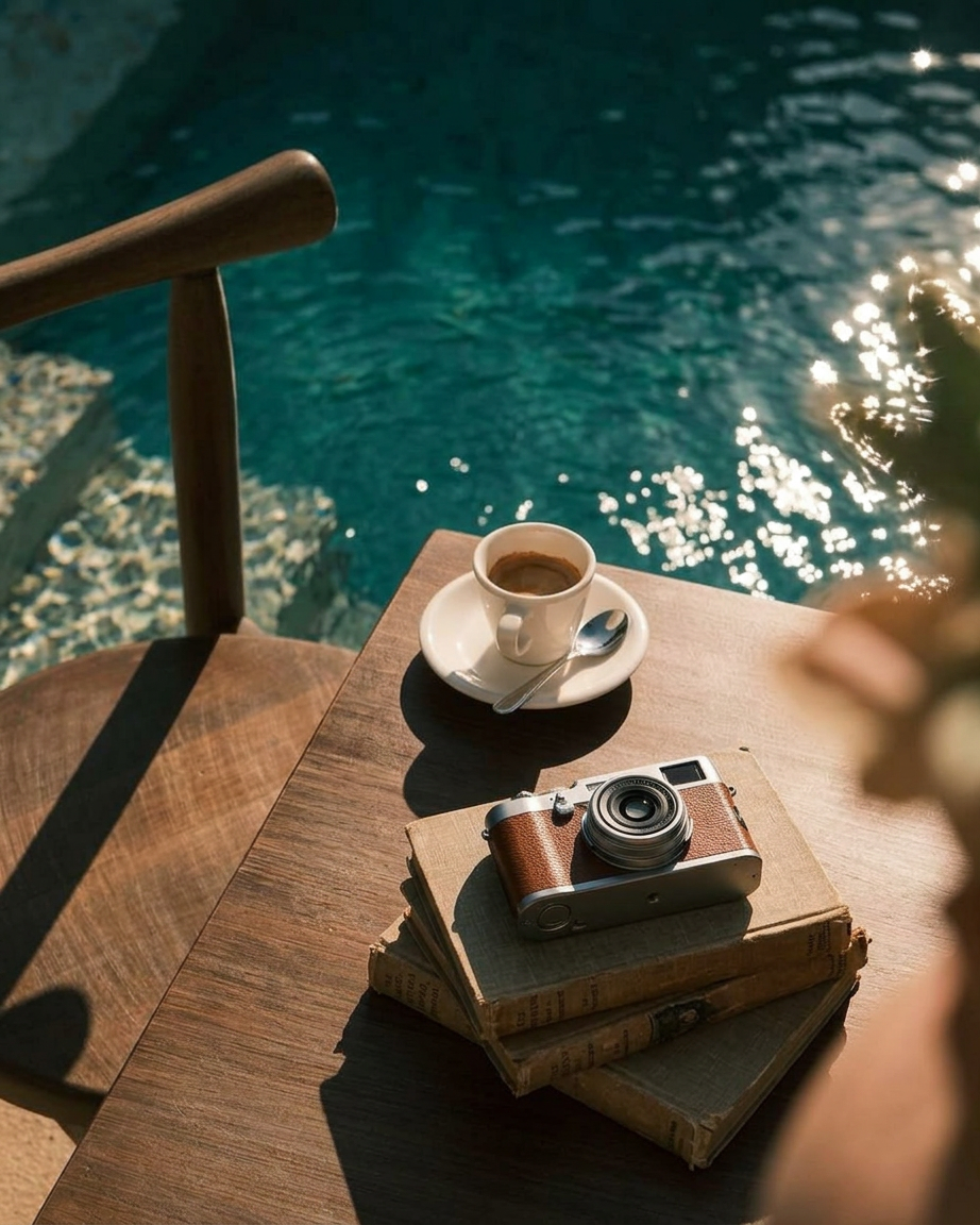 Golden-hour coffee and vintage camera