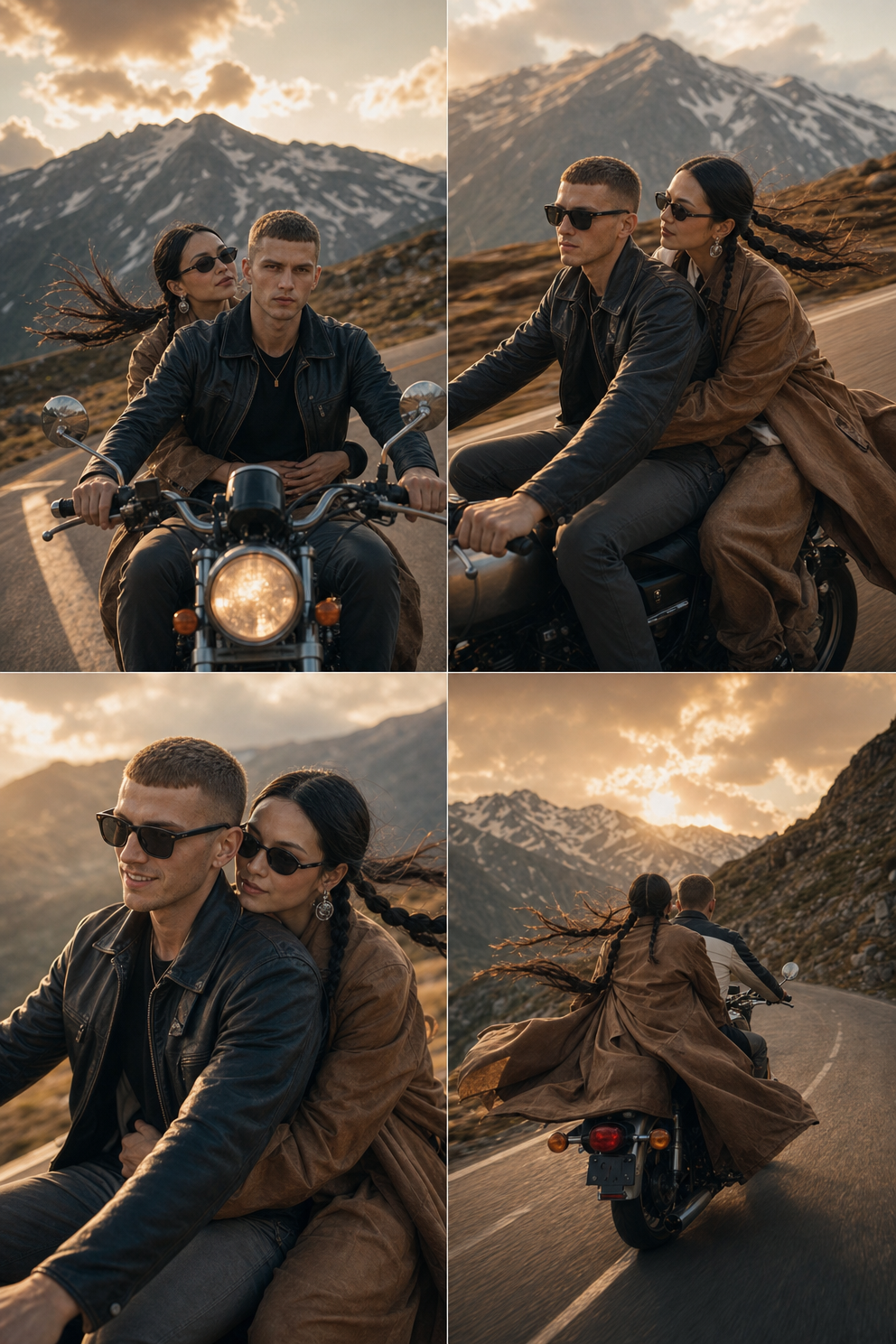 Golden-hour couple rides a classic bike