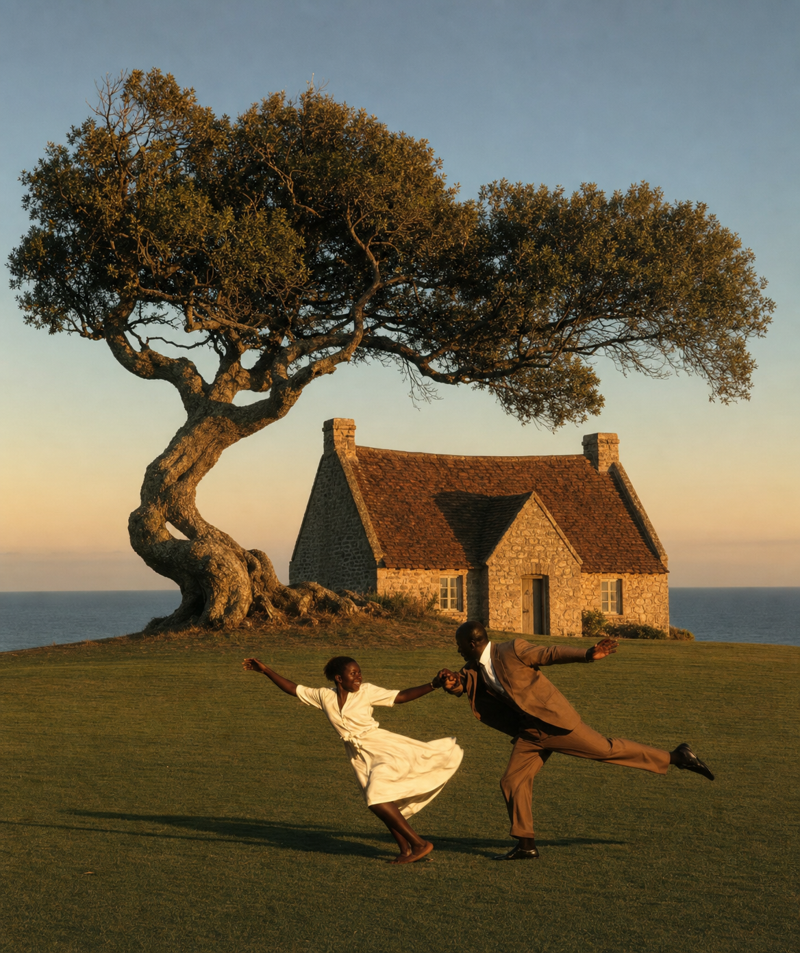 Golden-hour dance by stone cottage