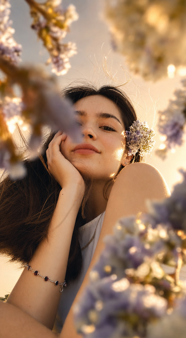 Golden-hour dreamy portrait among blooms