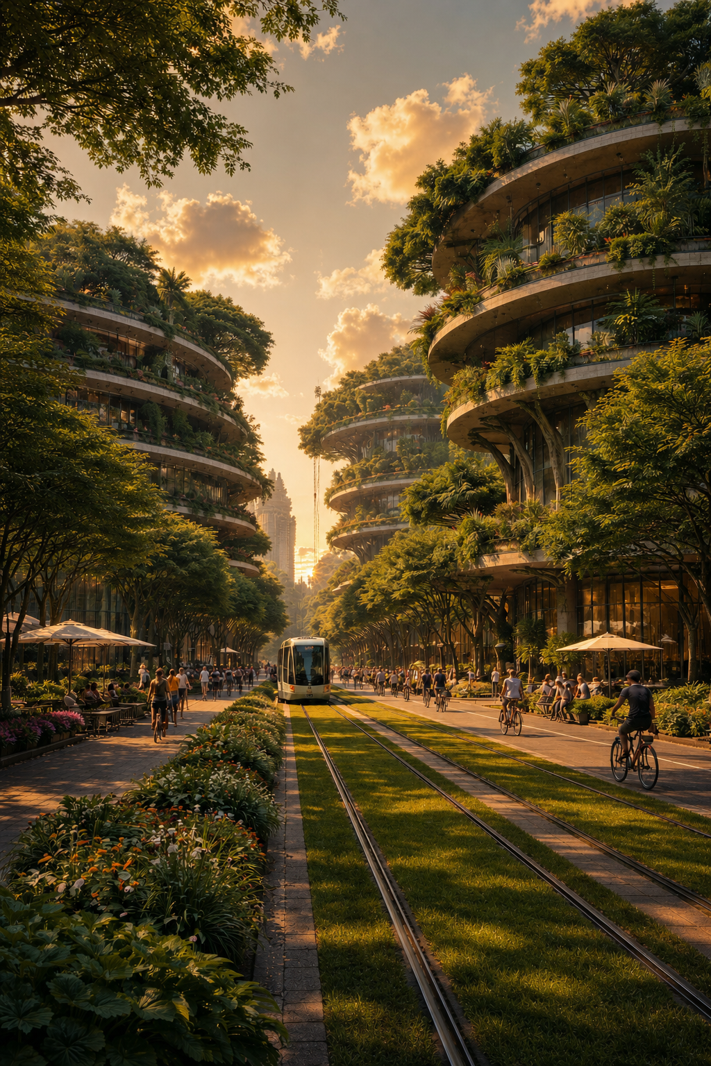 Golden-hour eco boulevard with tram