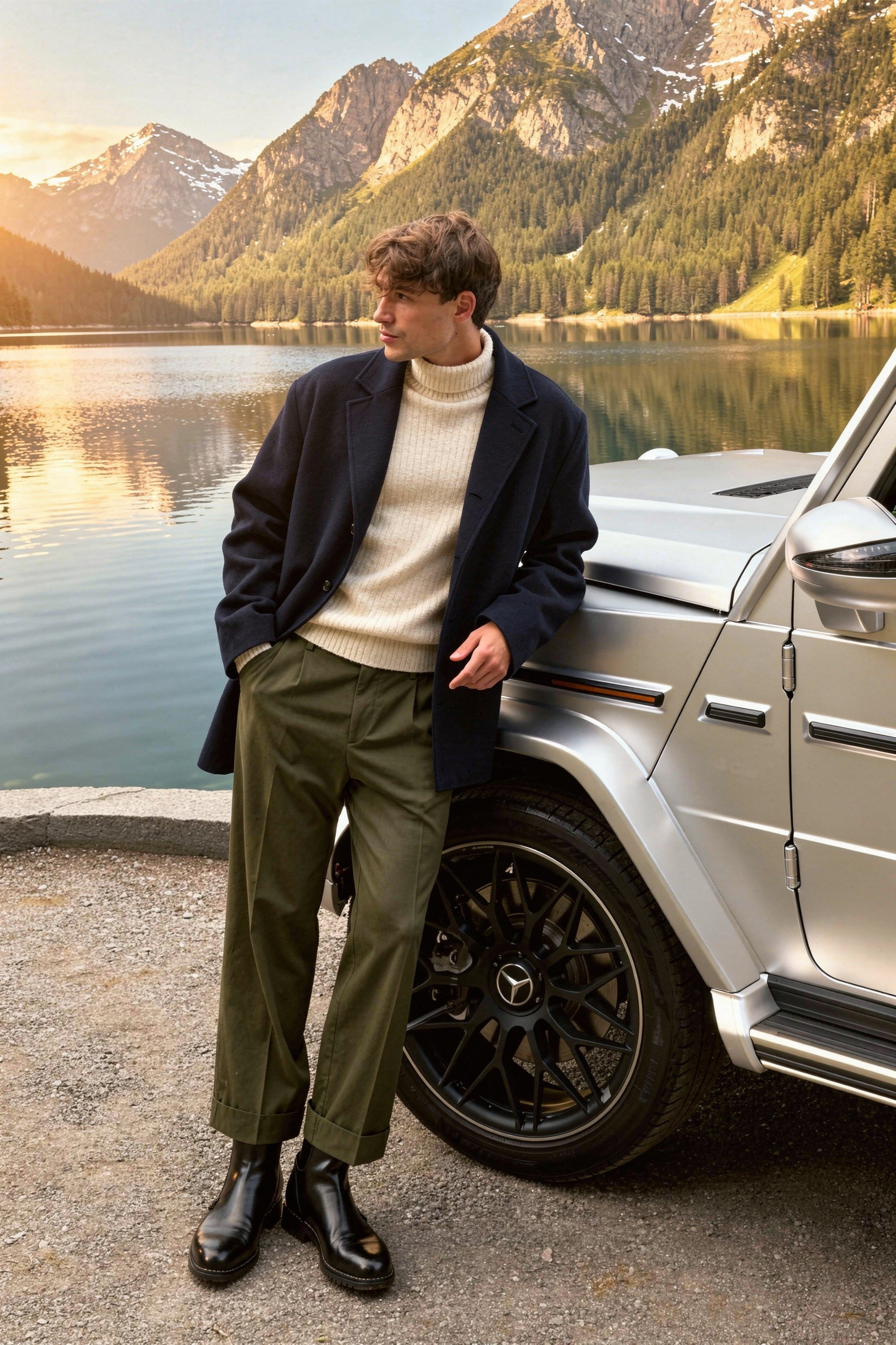 Golden-hour lake luxury menswear
